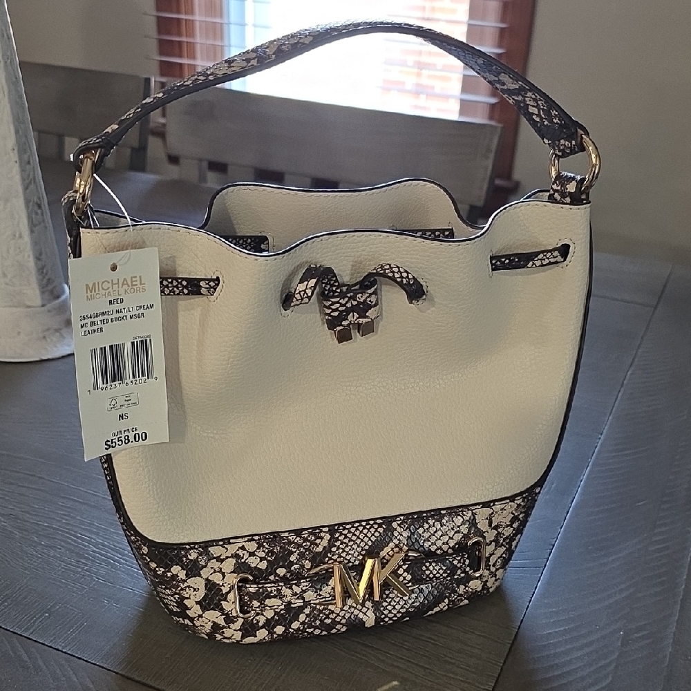 Michael Kors Cream & Black Snakeskin-Trim Bucket Tote